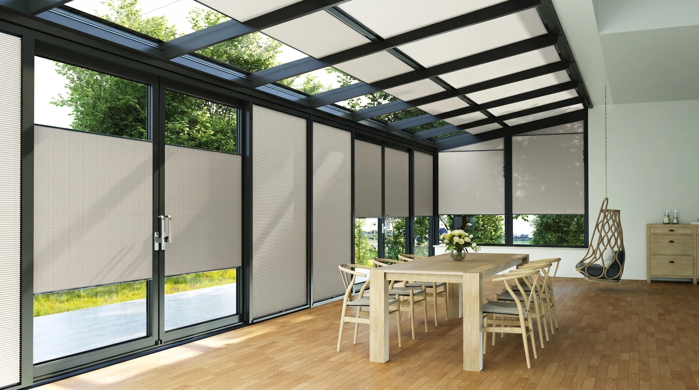 Terrasse extérieure moderne avec pergola bioclimatique à lames orientables en aluminium blanc